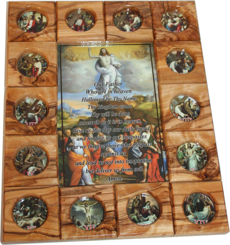 Placa de Icono de las Estaciones de la Cruz del Mercado de Tierra Santa Todo en Madera de Olivo de Belén (29 x 24 cm o 11.5 x 9.5 pulgadas)