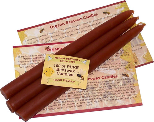 Three brown hand-dipped beeswax taper candles laid on printed beeswax leaflets #size_10 Inches - 3 Candles