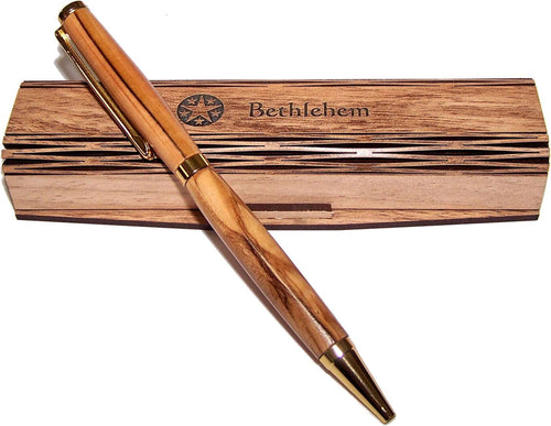 Olive wood ballpoint pen on curved wooden box engraved Bethlehem with star #color_bethlehem box