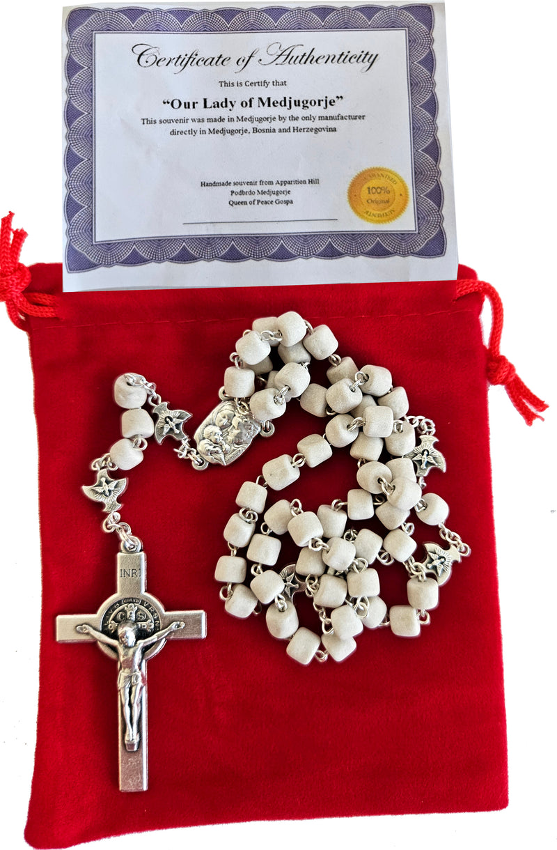 MEDJUGORJE - Rosary Made from Apparition Hill Stones directly from MEDUGORJE. (20 inches Long) - with The Holy Family