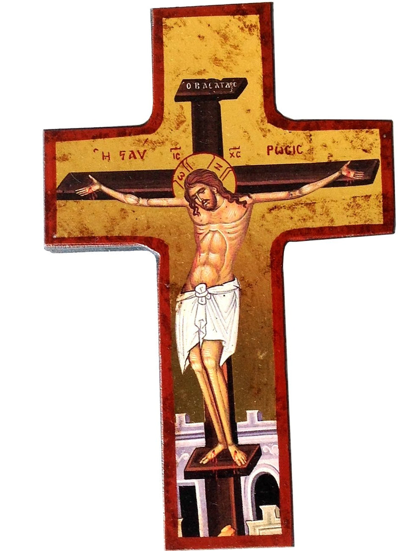 Holy Land Market Crucifixion Cross Icon with Sheets of Gold (Lithography) (5.75 x 3.75 inches)