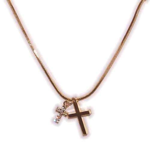 Dos Cruces - Cruces en tono dorado bañado en Rodio con piedras CZ (1.7 cm - 0.7 pulgadas de largo - Cadena de 16 Pulgadas)