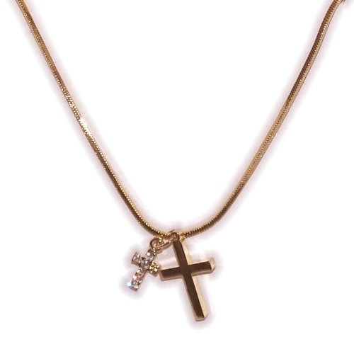 Two Crosses - Rhodium plated gold tone Crosses with CZ stones (1.7 cm - .7 inches big Cross length - 16 Inch Chain)