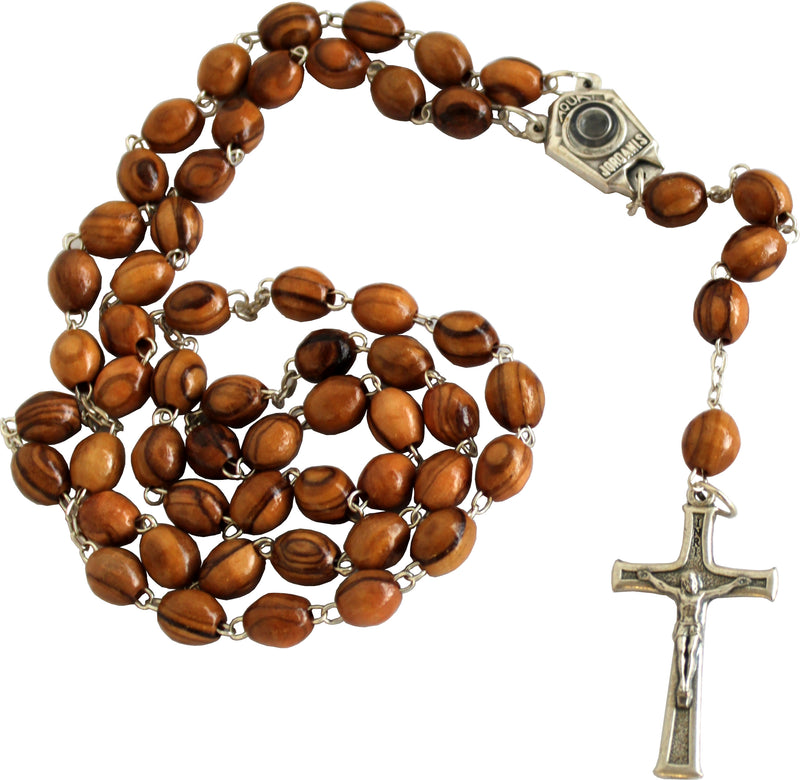Holy Land Market Olive Wood Hand Made Rosary with Jordan River Water Center and Metal Crucifix