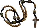 Tan Wooden Beads Rosary with Enamelled Icons Beads with Jesus Imprint Cross