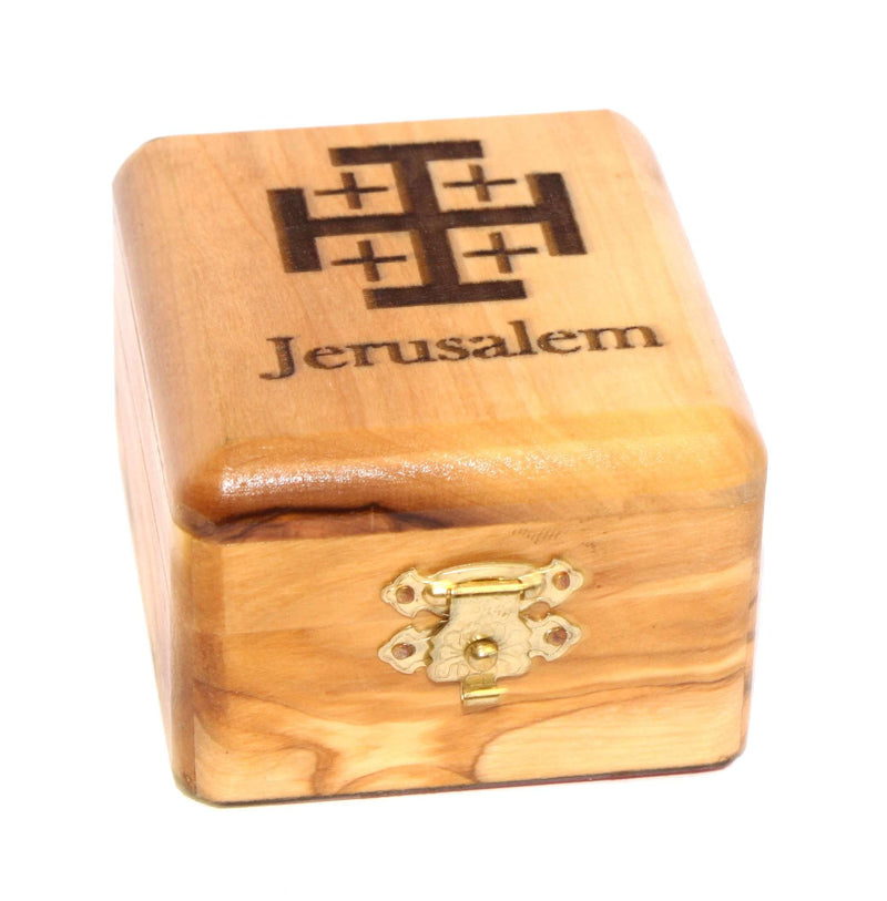 Caja de Rosario de Madera de Olivo con Cruz de Jerusalén y la palabra Jerusalén grabada - Madera de Olivo