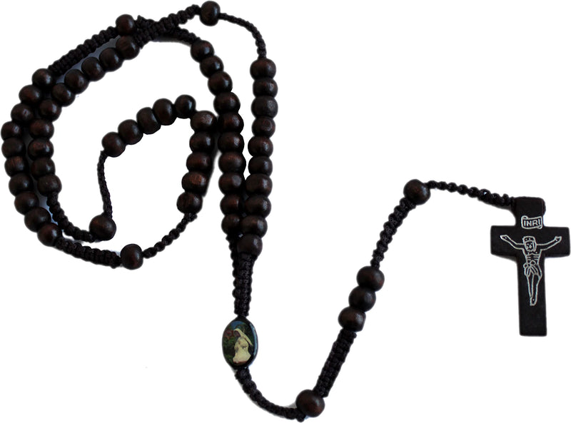 Holy Land Market Dark Brown Wooden Beads Rosary with Enameled Icon Bead with Jesus Imprint Cross