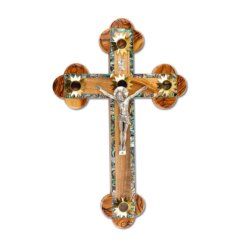Holy Land Market Mother of Pearl Plated 14 Stations Wall Wood Cross Crucifix with Holy Essences Made of Olive Wood ( 10.5 Inches )