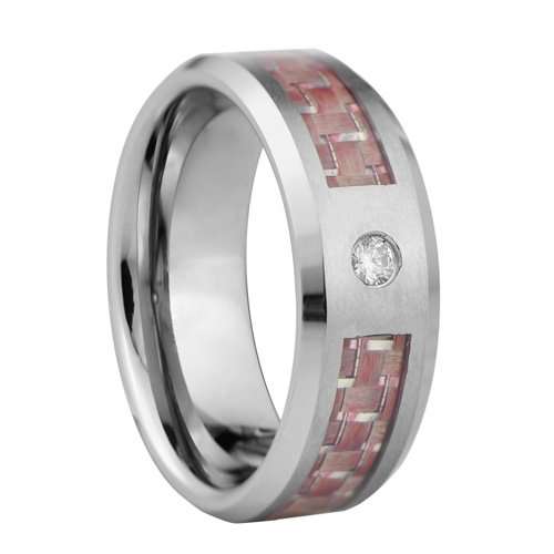 Anillo de tungsteno con incrustación de fibra roja y piedra CZ - 8 mm de ancho