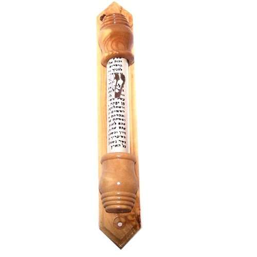 Silver Shin with sealed Glass in Olive wood Mezuzah (19cm or 7.5 inches) fit up to 4 Inch Klaf