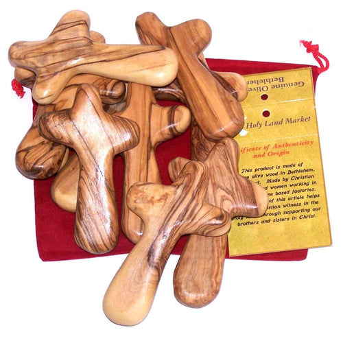10 Olive Wood Holding Hand Crosses with Red Gift Velvet Bags From Bethlehem - Used