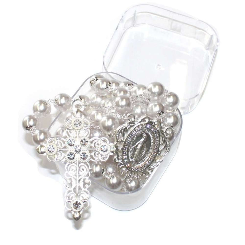 Rosario de perlas de plata para novias - Rosario de cuentas de perlas de 14 mm con cadena de plata, cruz y centro. Se utilizan cuentas de vidrio en esta joyería