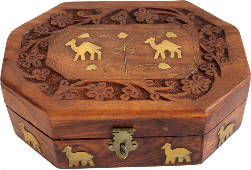 Holy Land Market Vintage Antique Decorative box - Carved By Hand Wooden With Brass Camels Inlay (7 x 4.75 x 2.25 Inches)