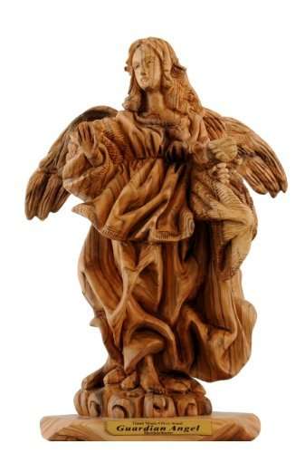 Estatua de Madera de Olivo del Ángel Guardián - Calidad de Museo (26x14 cm o 10.3 pulgadas de alto)