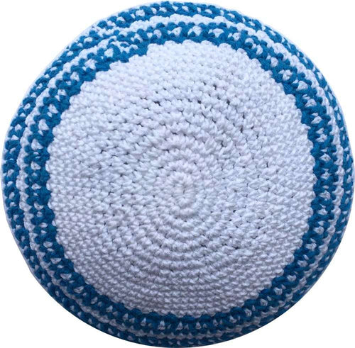 White/Sky Blue Lines 17cm DMC 100% Knitted Cotton Kippah Torah Chabad Yarmulke