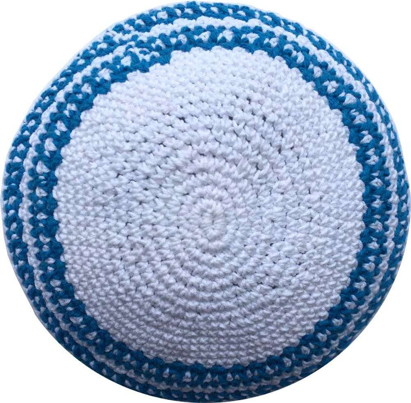 White/Sky Blue Lines 17cm DMC 100% Knitted Cotton Kippah Torah Chabad Yarmulke