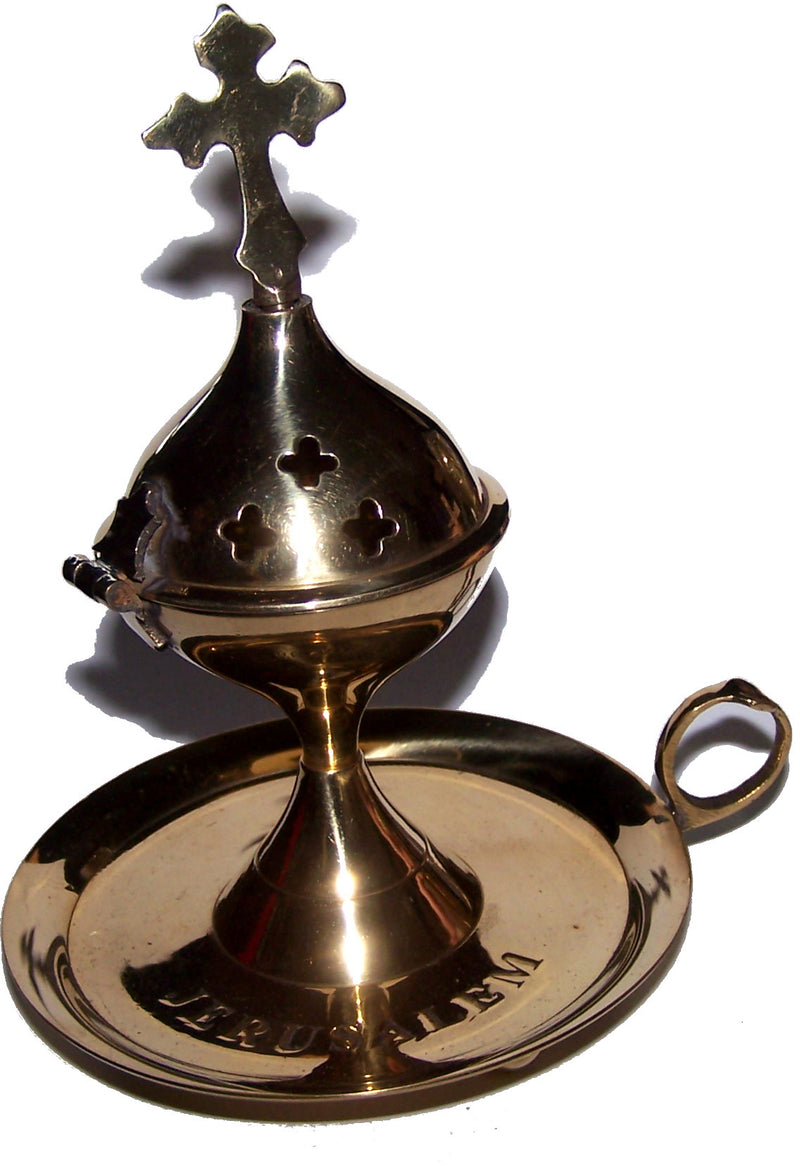 Holy Land Market Light Greek Brass Pedestal Incense Burner with Tray - (15cm or 6 inches Tall)