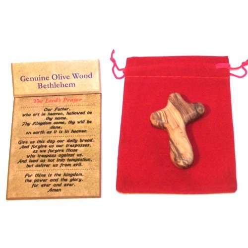 Pequeño paquete de cruz de confort de madera de olivo para bolsillo con bolsa de terciopelo y tarjeta de oración del Señor - La cruz de sostener o de mano (2 pulgadas)