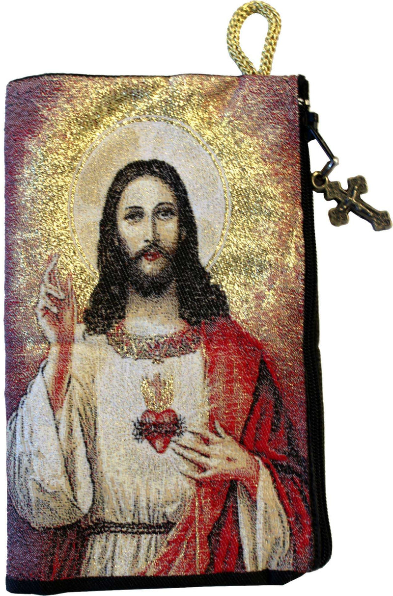 Jesus in red and white robes with flaming Sacred Heart, hand raised in blessing