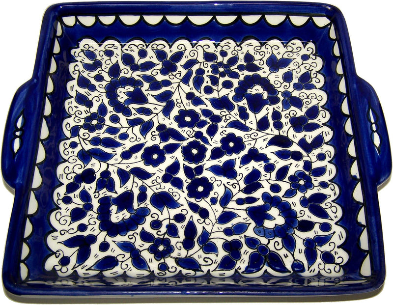 Holy Land Market Armenian Ceramic Blue Jerusalem Flowers square bread Plate - 9.5 Inches - Asfour Outlet Trademark