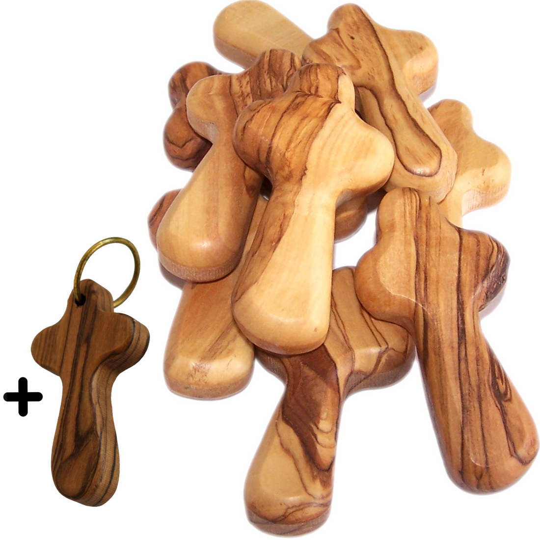 10 Small Olive Wood Pocket / Holding Crosses plus 1 Keychain