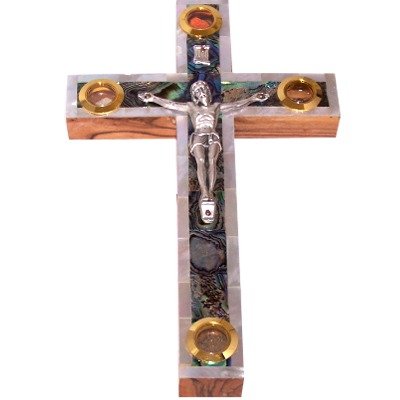 Olive Wood with Mother of Pearls Crucifix From Bethlehem with Holy Land Samples - 8 Inches or 20 Cm