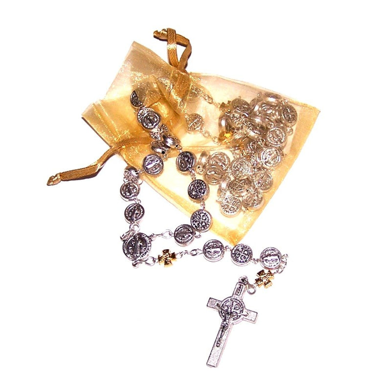 Rosary with Silver Tone Saint Benedict center and beads - Organza bag and Cer...