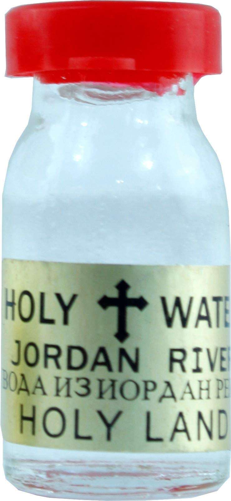 Single glass Jordan River holy water vial, red cap, gold cross label