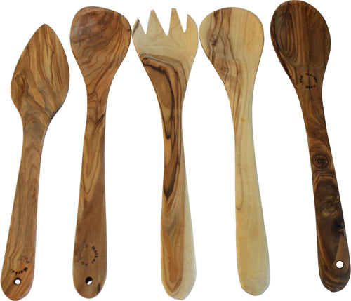 Conjunto de 5 espátulas/cucharas de madera de olivo hechas a mano (longitud 12" cada una) - Marca registrada Asfour Outlet