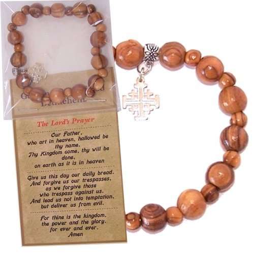Pulsera religiosa de madera de olivo elástica con cruz de Jerusalén en tono plateado empaquetada como regalo con certificado